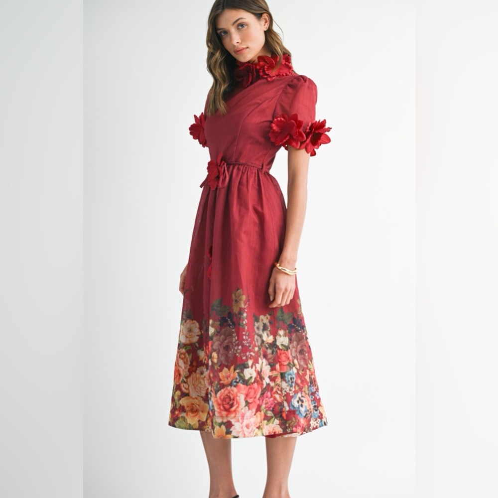 3D Floral Trim High Neck Short Sleeve Midi Dress - EB Luxe